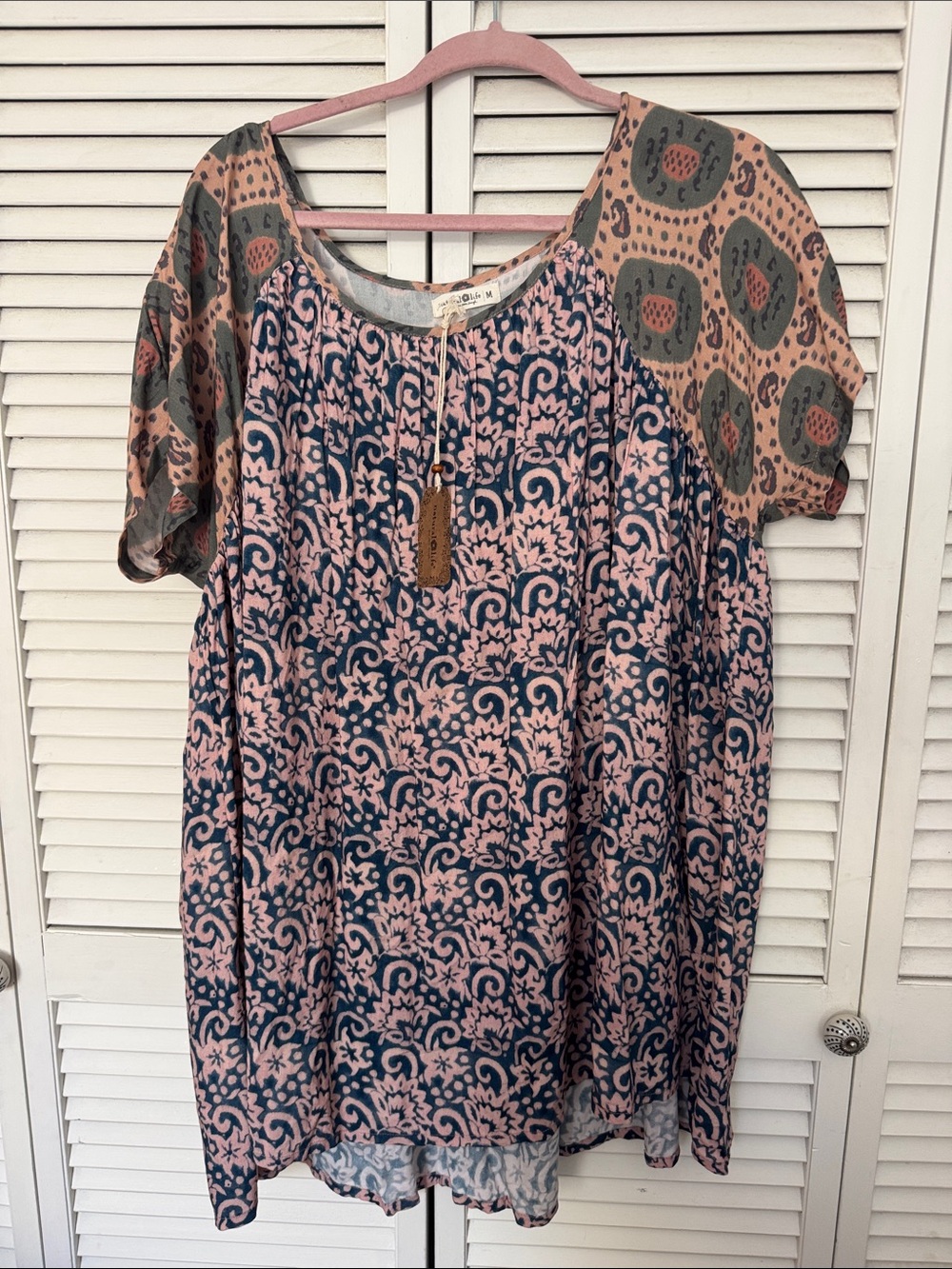 Natural Life Boho Paisley Scoop Neck Women's Top in Pink and Blue